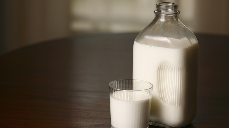 Refreshing milk served from a glass milk bottle