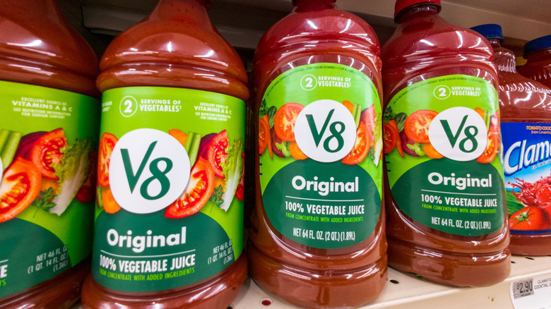 Bottles of V8 on shelf