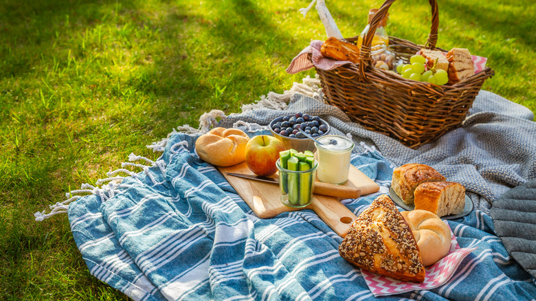 Picnic duvet and basket with different food, fruits, orange juice, yogurt and bread on green grass