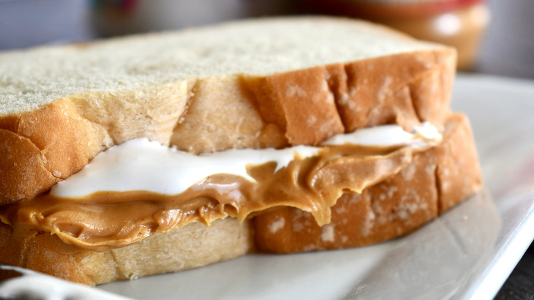 Fluffernutter (peanut butter and Marshmallow Fluff) sandwich on white bread on a plate
