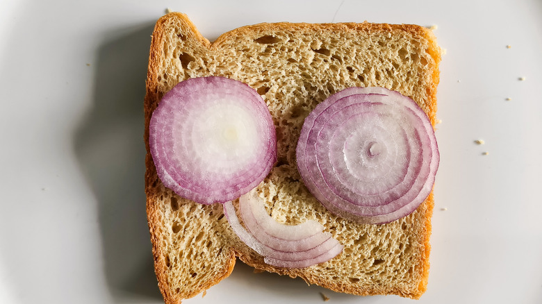 Sliced red onions on wheat bread, with onions arranged in happy face shape