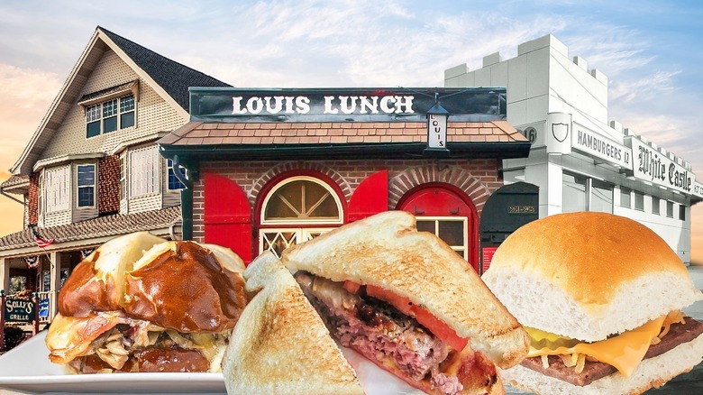 Three hamburgers in front of historic hamburger restaurants