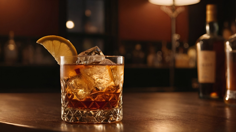 Old fashioned cocktail on a wooden bar