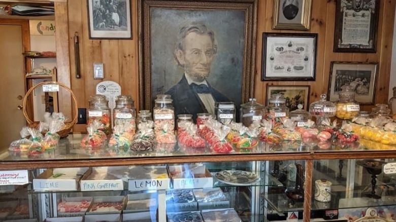 Candy counter and portrait of Abe Lincoln at Orne's Candy Store