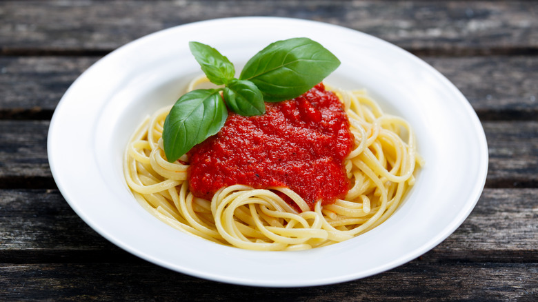 Spaghetti with marinara sauce in a plate with fresh basil leaves