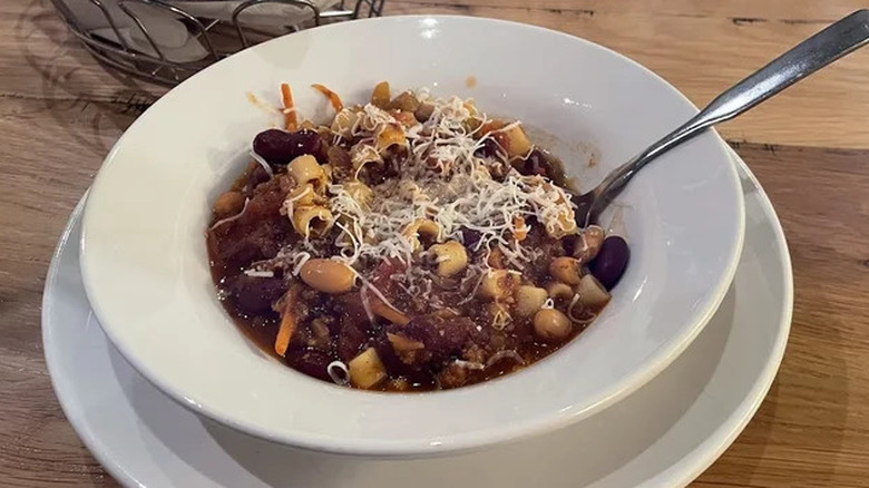 A bowl of Olive Garden's pasta e fagioli soup