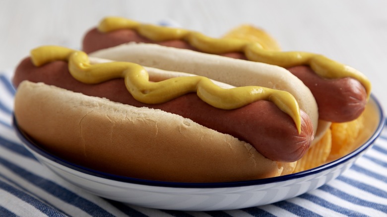 Two hot dogs dressed with mustard sitting in buns on a plate on top of potato chips.