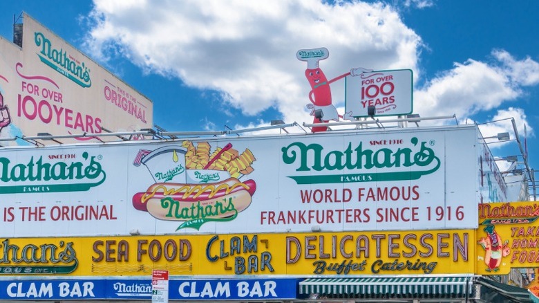 The outside of the flagship Nathan's Famous hot dog restaurant in Coney Island, Brooklyn, New York.