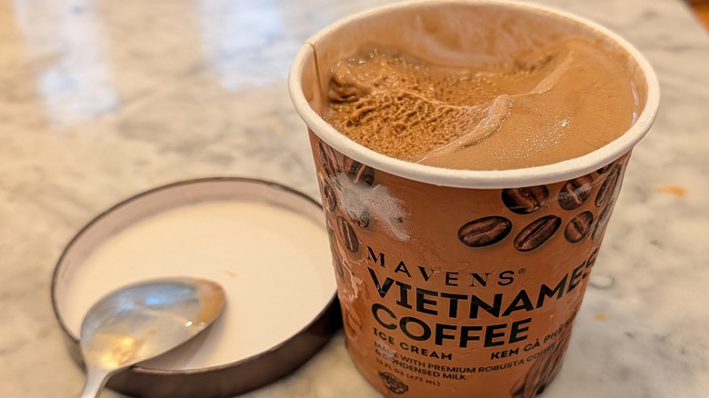 An open container of Mavens' Vietnamese Coffee ice cream