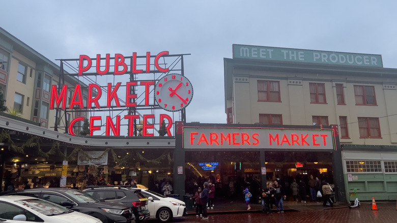 Seattle's Public Market Center on a rainy day.