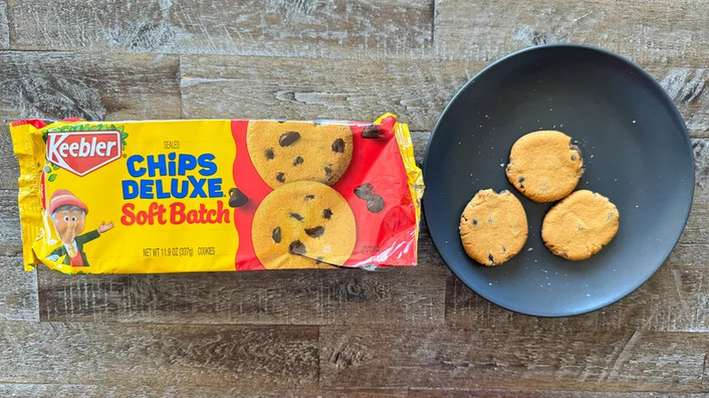 Keebler's Chips Deluxe Soft Batch cookies packet and three cookies on a plate