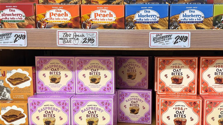 Trader Joe's fruit bars and oat bites on shelves in store.
