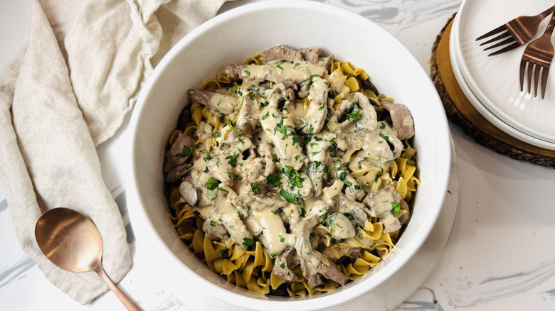 Beef stroganoff served in bowl
