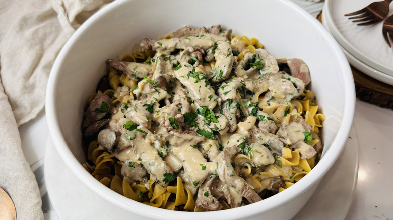 Beef stroganoff serving in bowl