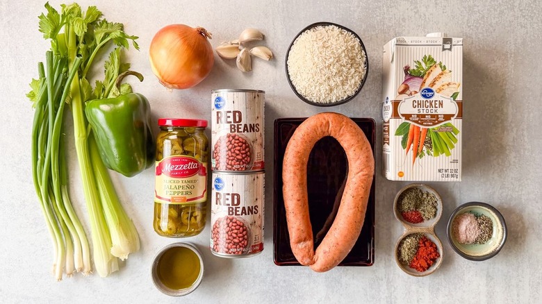 One-pot red beans and rice ingredients on countertop