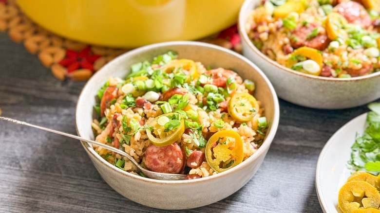 One-pot red beans and rice in serving bowls