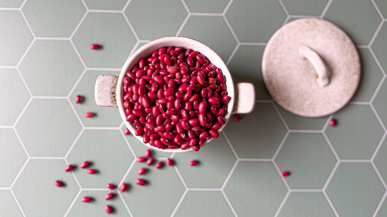 Bowl of dried red beans on countertop