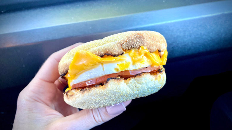 A hand holding a McDonald's Egg McMuffin