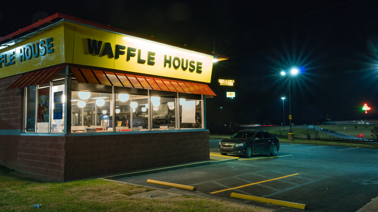 Exterior of a Waffle House at night