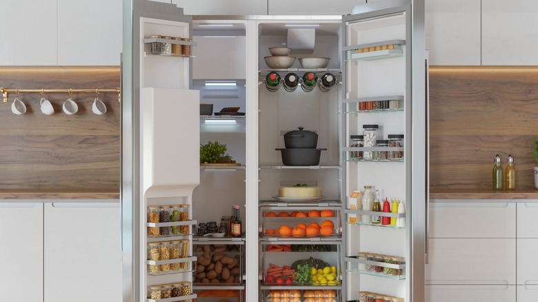 A beautifully organized fridge with both doors open.