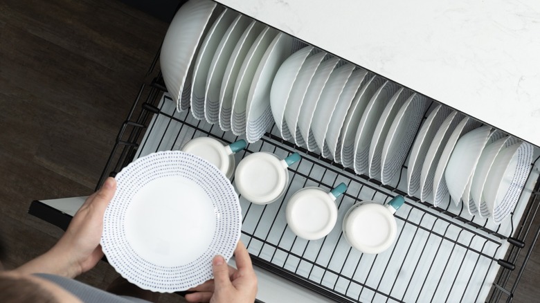 A woman stores dishes in a drying rack in a drawer