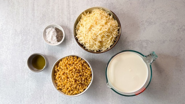 3-ingredient baked mac & cheese ingredients on countertop