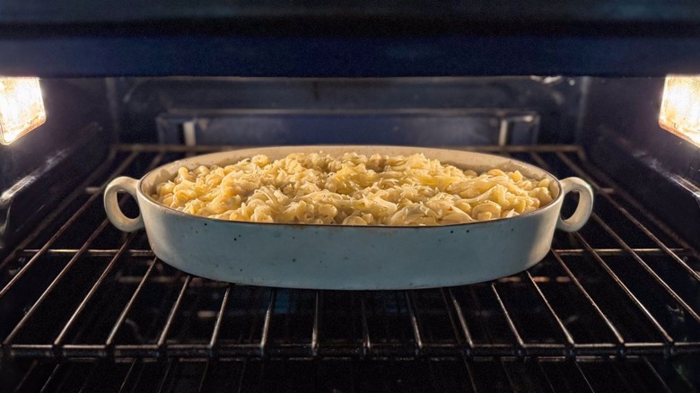 3-ingredient mac & cheese baking in casserole dish in oven