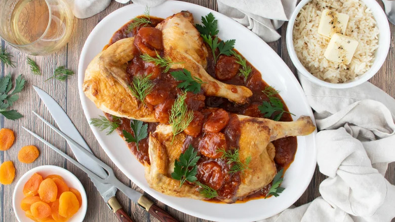 Russian chicken on a plate with red sauce and rice