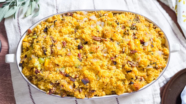 Southern-style cornbread dressing in a container