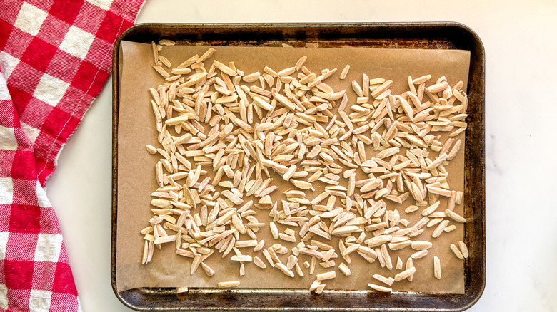 almonds on baking sheet
