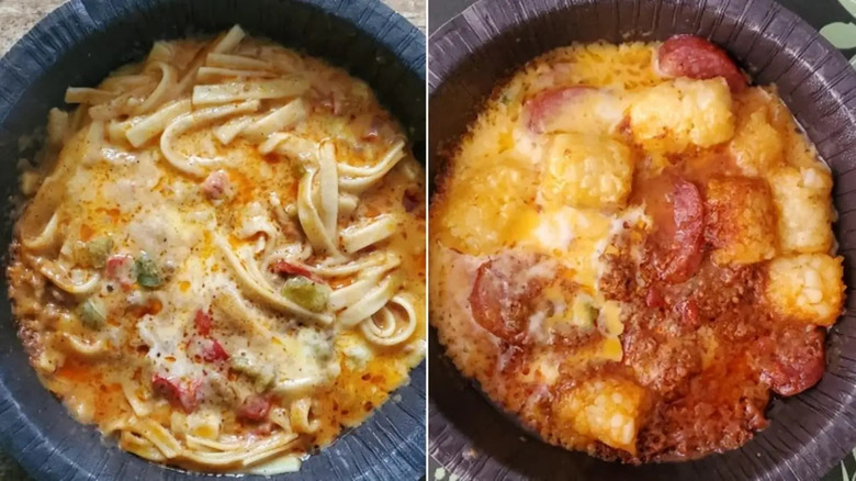Two microwaved Guy Fieri Flavortown frozen dinners side by side