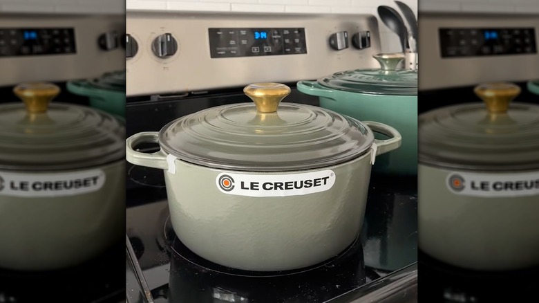 Thyme colorway Le Creuset pan on stovetop.
