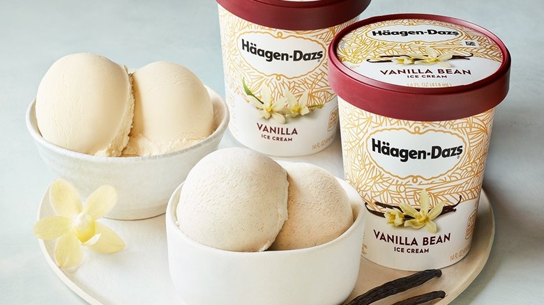 Pints and bowls of Häagen-Dazs vanilla and vanilla bean ice cream