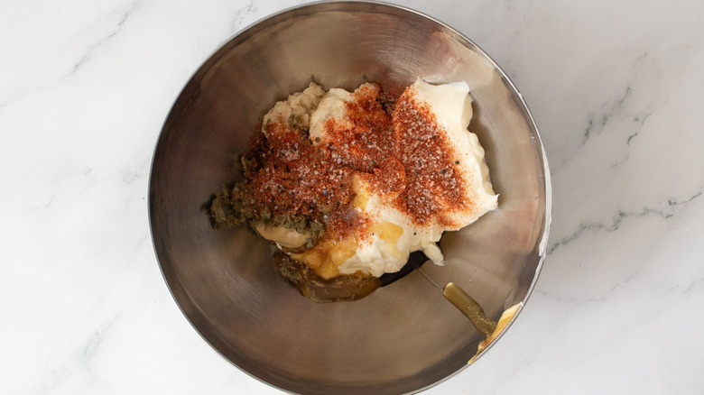Remoulade ingredients unmixed in bowl