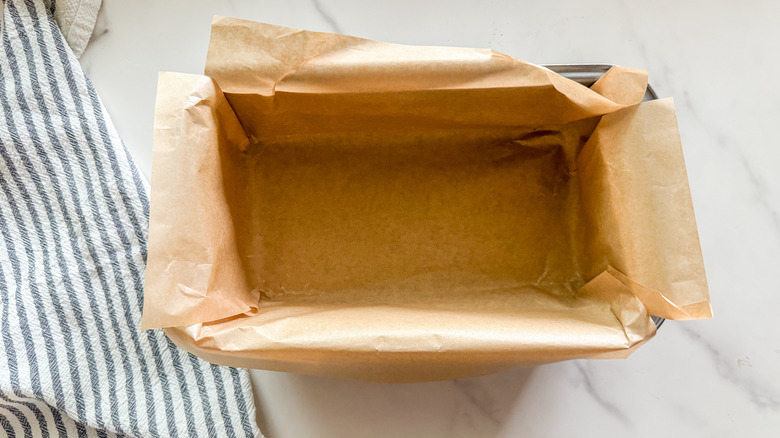 loaf pan lined with parchment paper