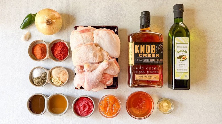 Honey bourbon BBQ chicken ingredients on countertop
