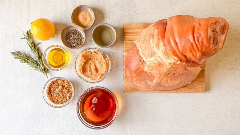 Miso and maple-glazed ham ingredients on countertop