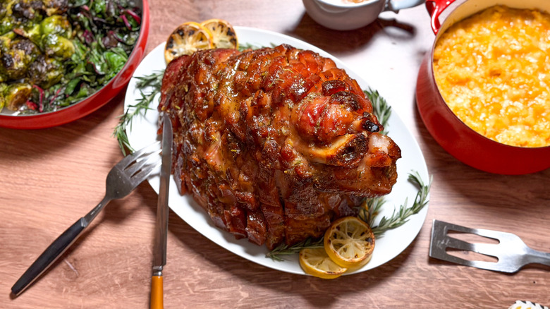 Miso and maple-glazed ham on serving platter