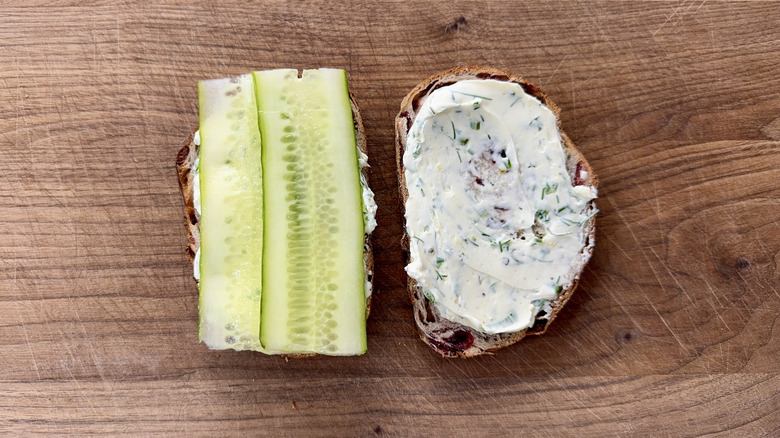Sliced cucumbers on sandwich