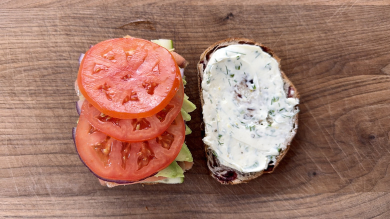 Sliced tomato on sandwich