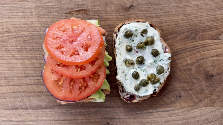 Open faced sandwich with tomatoes and capers