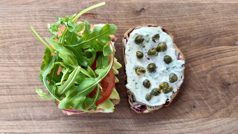 Fresh arugula on sandwich