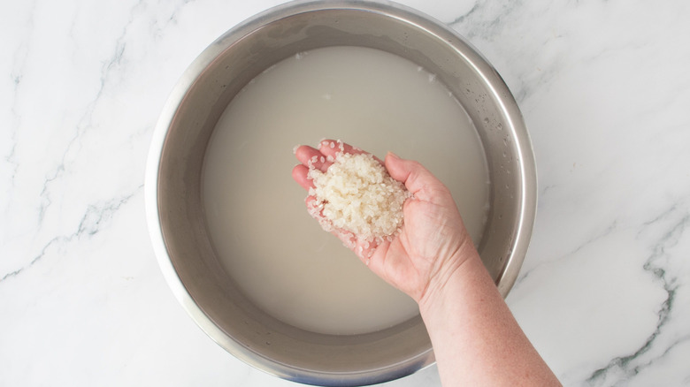 Hand holding rice over bowl of cloudy water