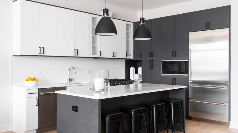 black and white kitchen with everything matching