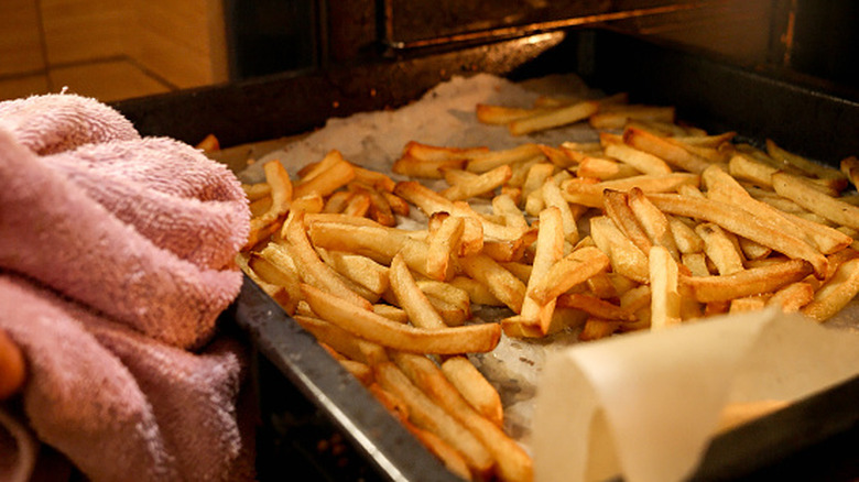 Fries taken out of the oven