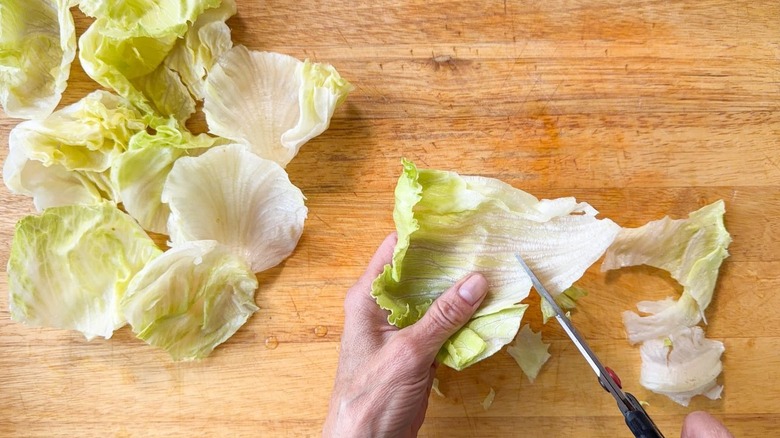 Cutting iceberg lettuce leaves into cups