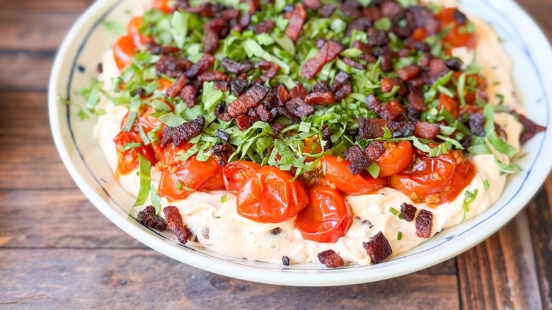 Close-up of over-the-top BLT dip in serving bowl
