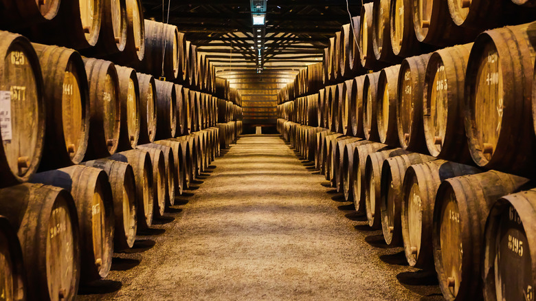 Rows of port barrels in wine cellar