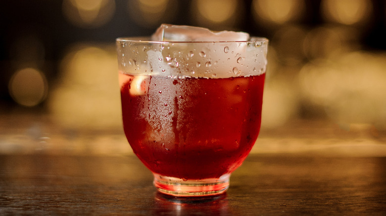 Vieux carre cocktail with a large ice cube