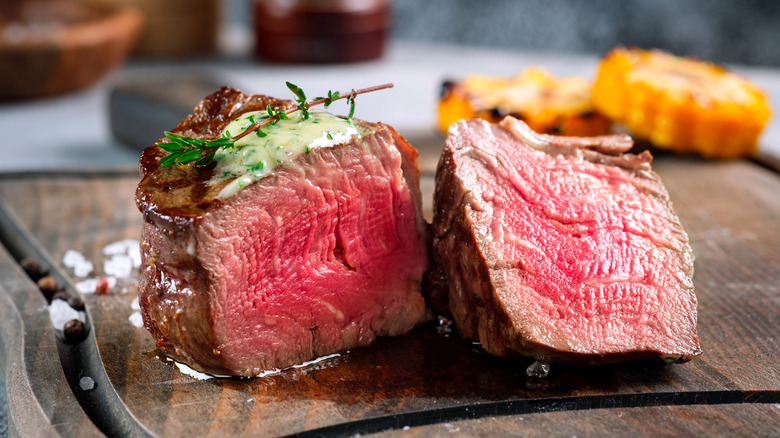 halved grilled filet mignon